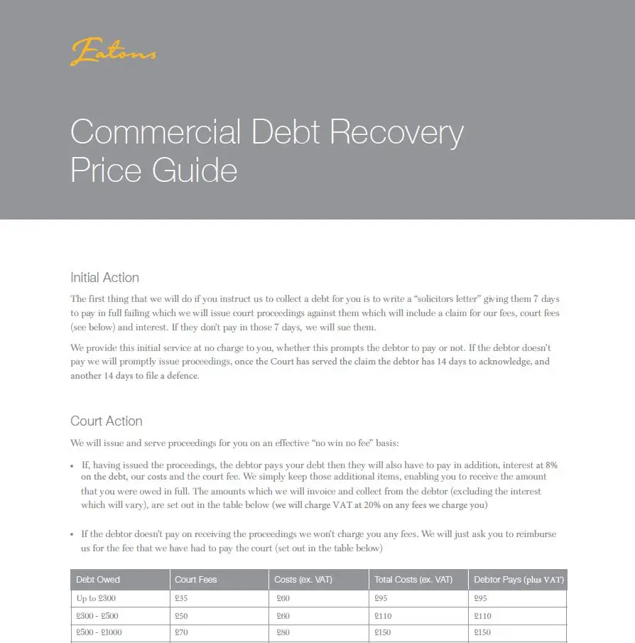 Commercial Debt Recovery Price Guide